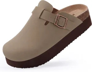 KIDMI Women's Platform Clogs Leather Mules Cork Footbed Potato Shoes