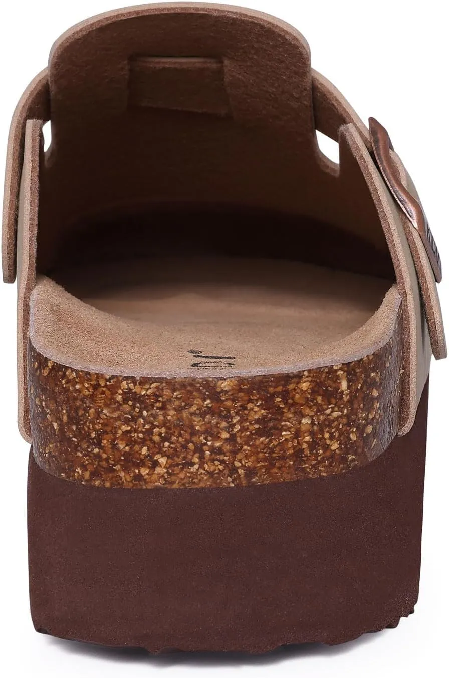 KIDMI Women's Platform Clogs Leather Mules Cork Footbed Potato Shoes