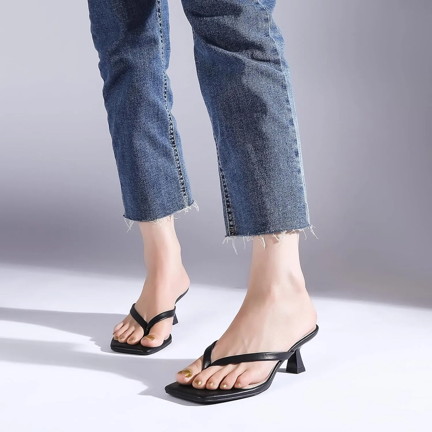 Kitten Flip Flop Thong Low Heels for Women Square Open Toe Slip On Heeled Sandals