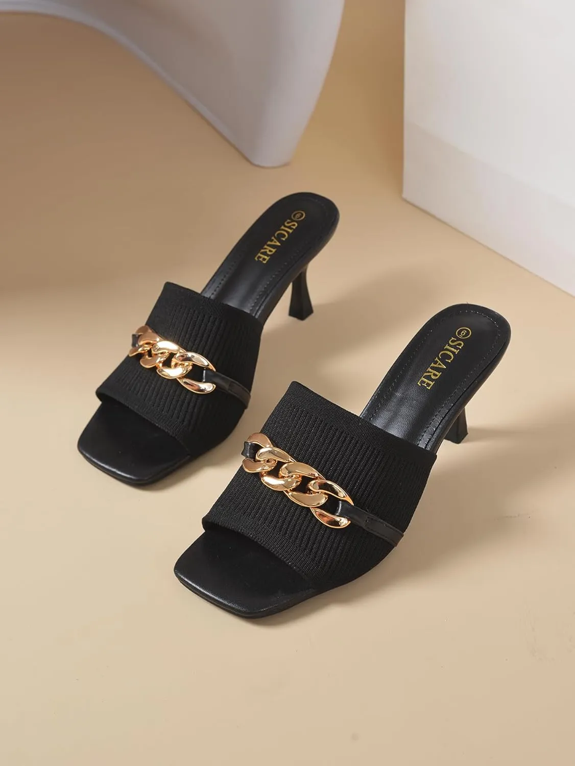 Kitten Heels for Women - Square Open Toe Heeled Mules - Elastic Knit Low Heels - Dressy Sandals - Chain Comfortable Slip on Casual Mule Sandals - Black, Nude, Pink