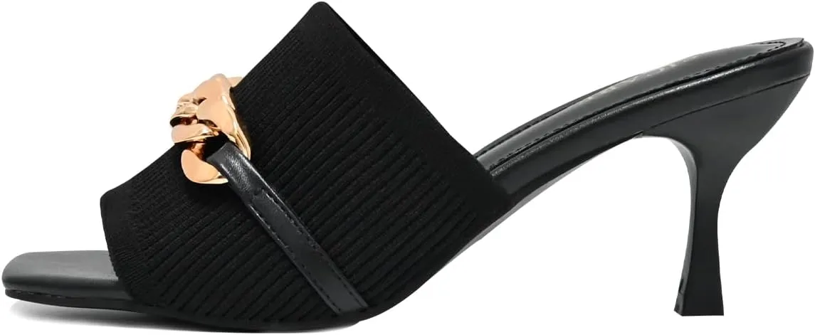 Kitten Heels for Women - Square Open Toe Heeled Mules - Elastic Knit Low Heels - Dressy Sandals - Chain Comfortable Slip on Casual Mule Sandals - Black, Nude, Pink