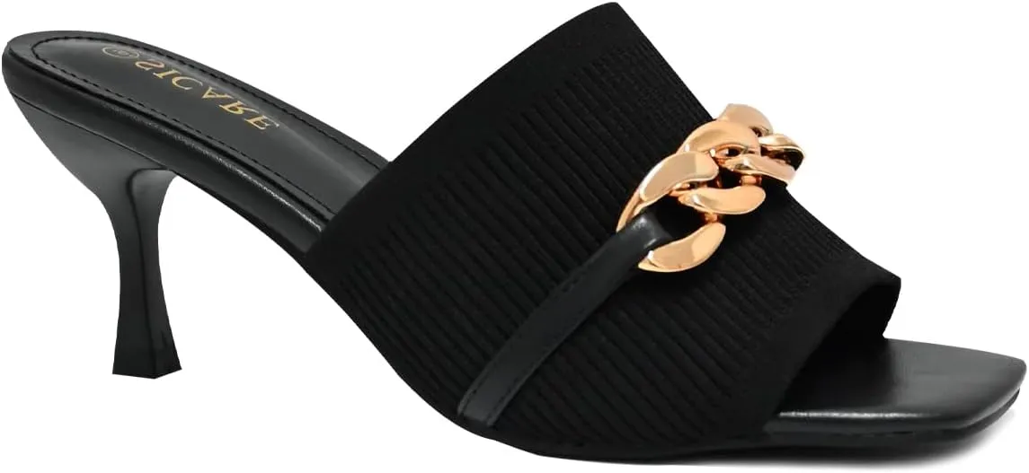 Kitten Heels for Women - Square Open Toe Heeled Mules - Elastic Knit Low Heels - Dressy Sandals - Chain Comfortable Slip on Casual Mule Sandals - Black, Nude, Pink