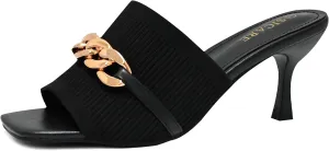 Kitten Heels for Women - Square Open Toe Heeled Mules - Elastic Knit Low Heels - Dressy Sandals - Chain Comfortable Slip on Casual Mule Sandals - Black, Nude, Pink