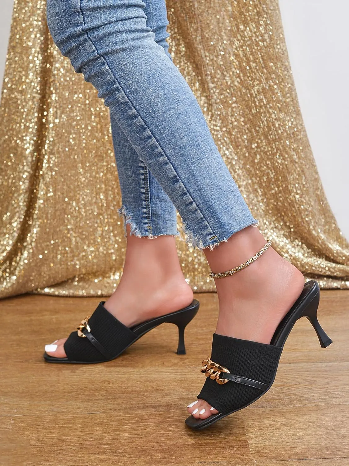 Kitten Heels for Women - Square Open Toe Heeled Mules - Elastic Knit Low Heels - Dressy Sandals - Chain Comfortable Slip on Casual Mule Sandals - Black, Nude, Pink