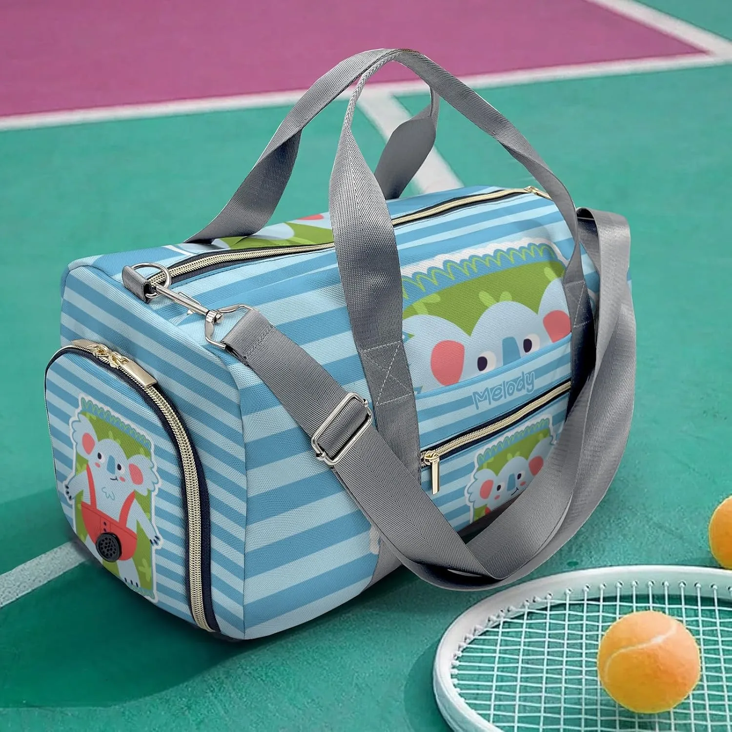 Koala Stripes Blue Personalized Duffel Bag,Custom Travel Gym Bag with Name,Waterproof Sports Overnight Bag with Shoe Compartment & Shoulder Strap