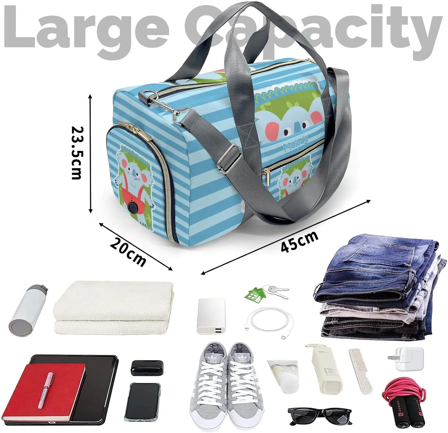 Koala Stripes Blue Personalized Duffel Bag,Custom Travel Gym Bag with Name,Waterproof Sports Overnight Bag with Shoe Compartment & Shoulder Strap
