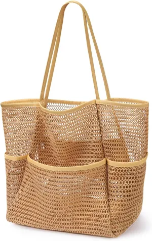 KPX Beach Bag with Mini Pocket, Beach Tote Bags for Women Large Foldable Mesh Swimming Pool Travel Bags - Sandproof