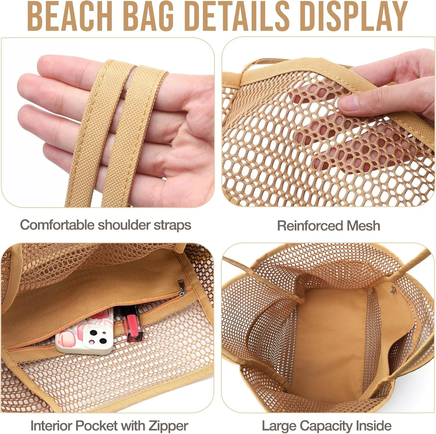 KPX Beach Bag with Mini Pocket, Beach Tote Bags for Women Large Foldable Mesh Swimming Pool Travel Bags - Sandproof