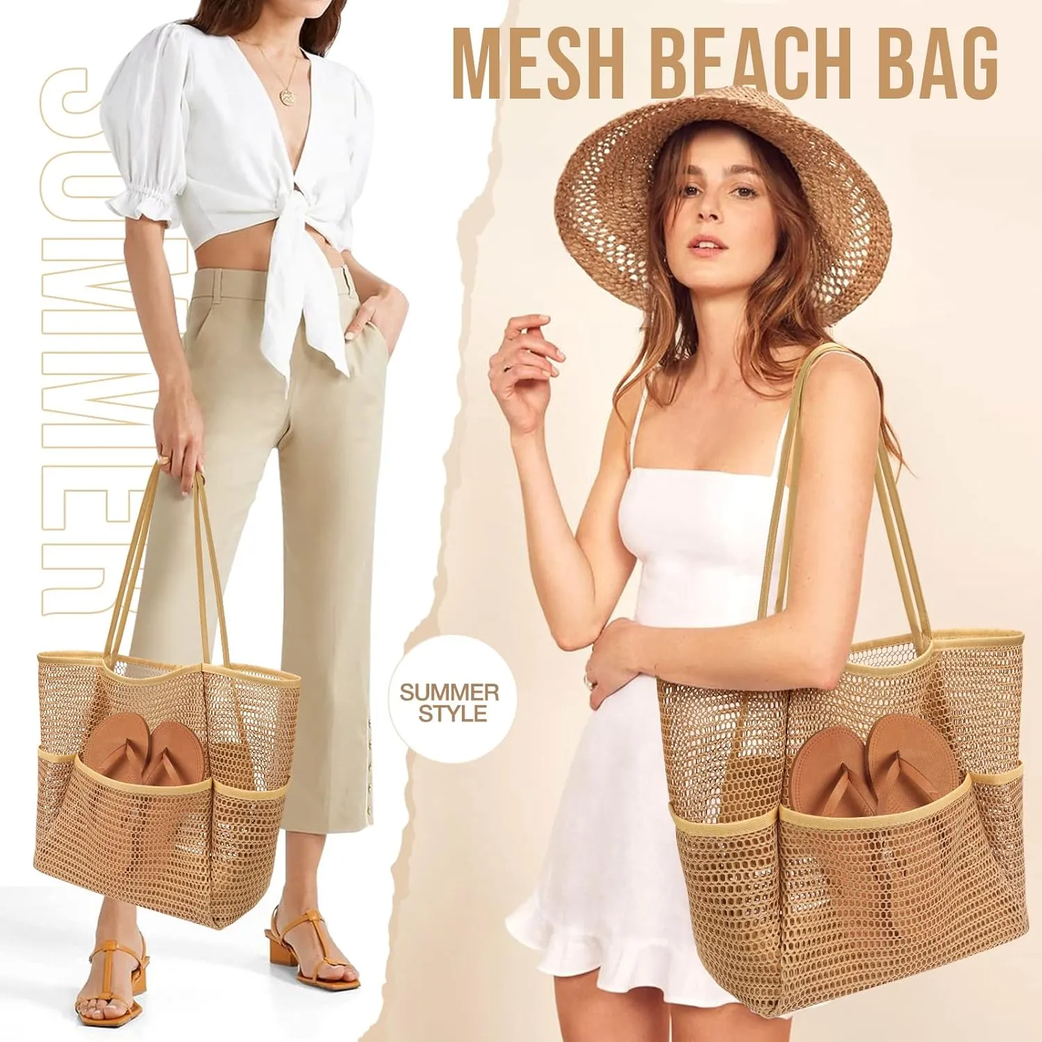 KPX Beach Bag with Mini Pocket, Beach Tote Bags for Women Large Foldable Mesh Swimming Pool Travel Bags - Sandproof