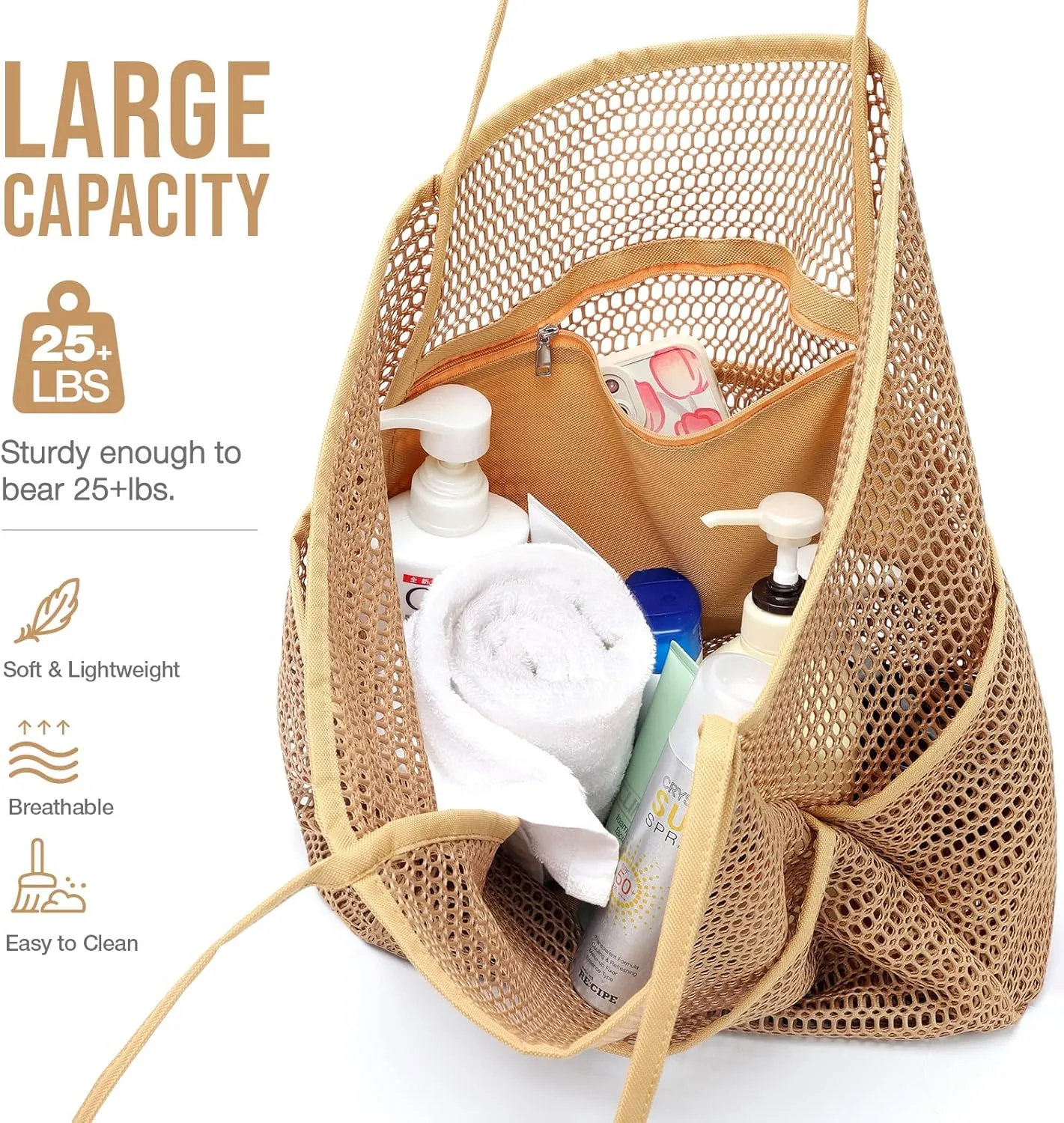 KPX Beach Bag with Mini Pocket, Beach Tote Bags for Women Large Foldable Mesh Swimming Pool Travel Bags - Sandproof