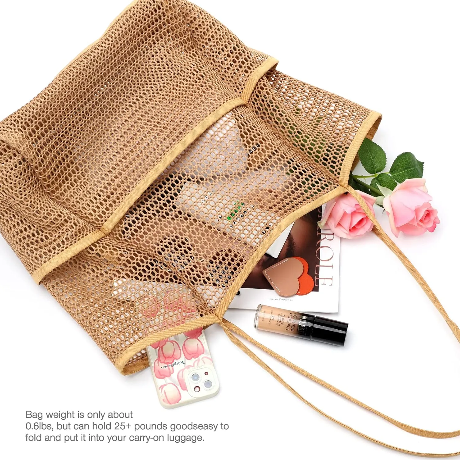 KPX Beach Bag with Mini Pocket, Beach Tote Bags for Women Large Foldable Mesh Swimming Pool Travel Bags - Sandproof