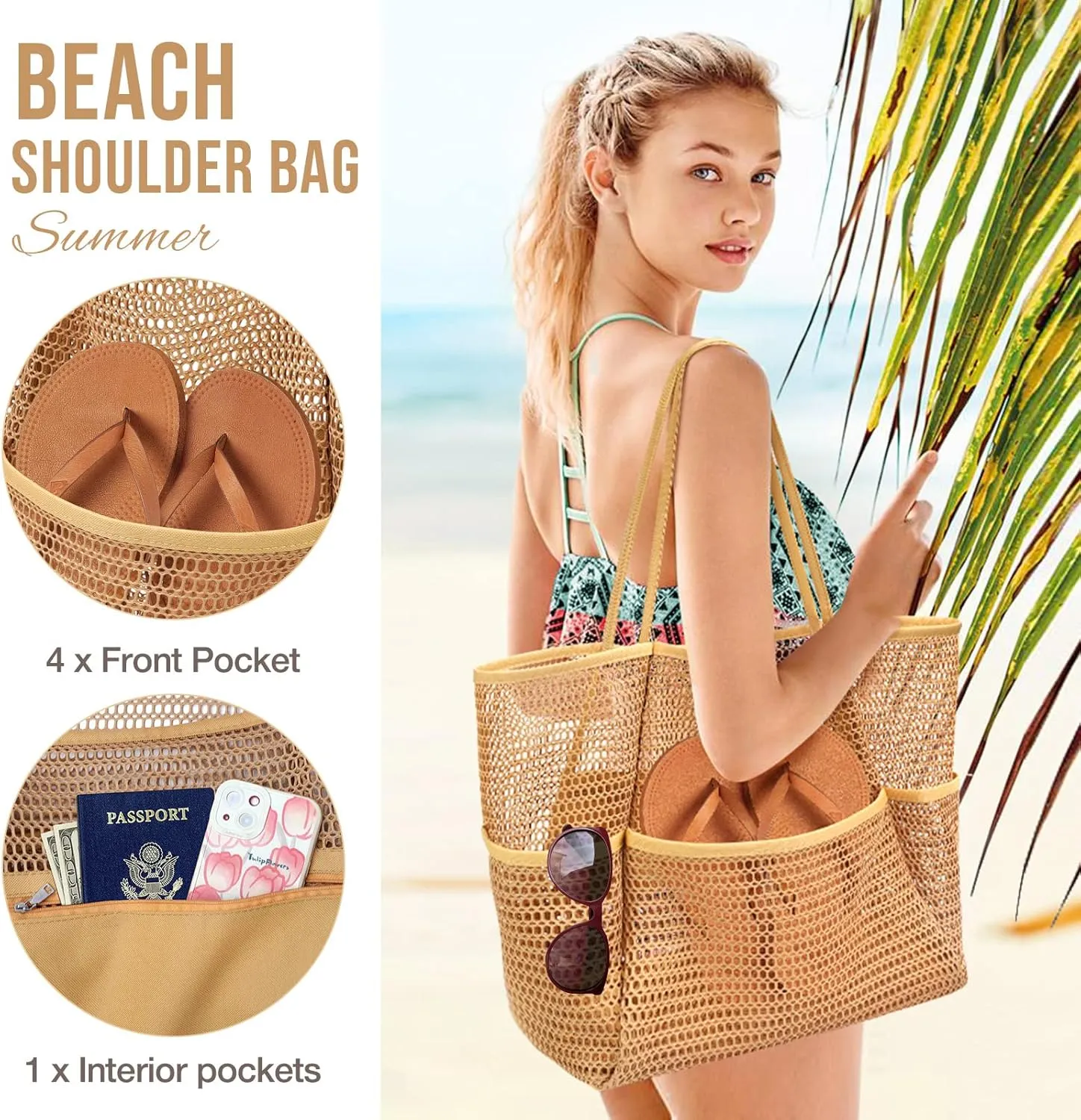 KPX Beach Bag with Mini Pocket, Beach Tote Bags for Women Large Foldable Mesh Swimming Pool Travel Bags - Sandproof