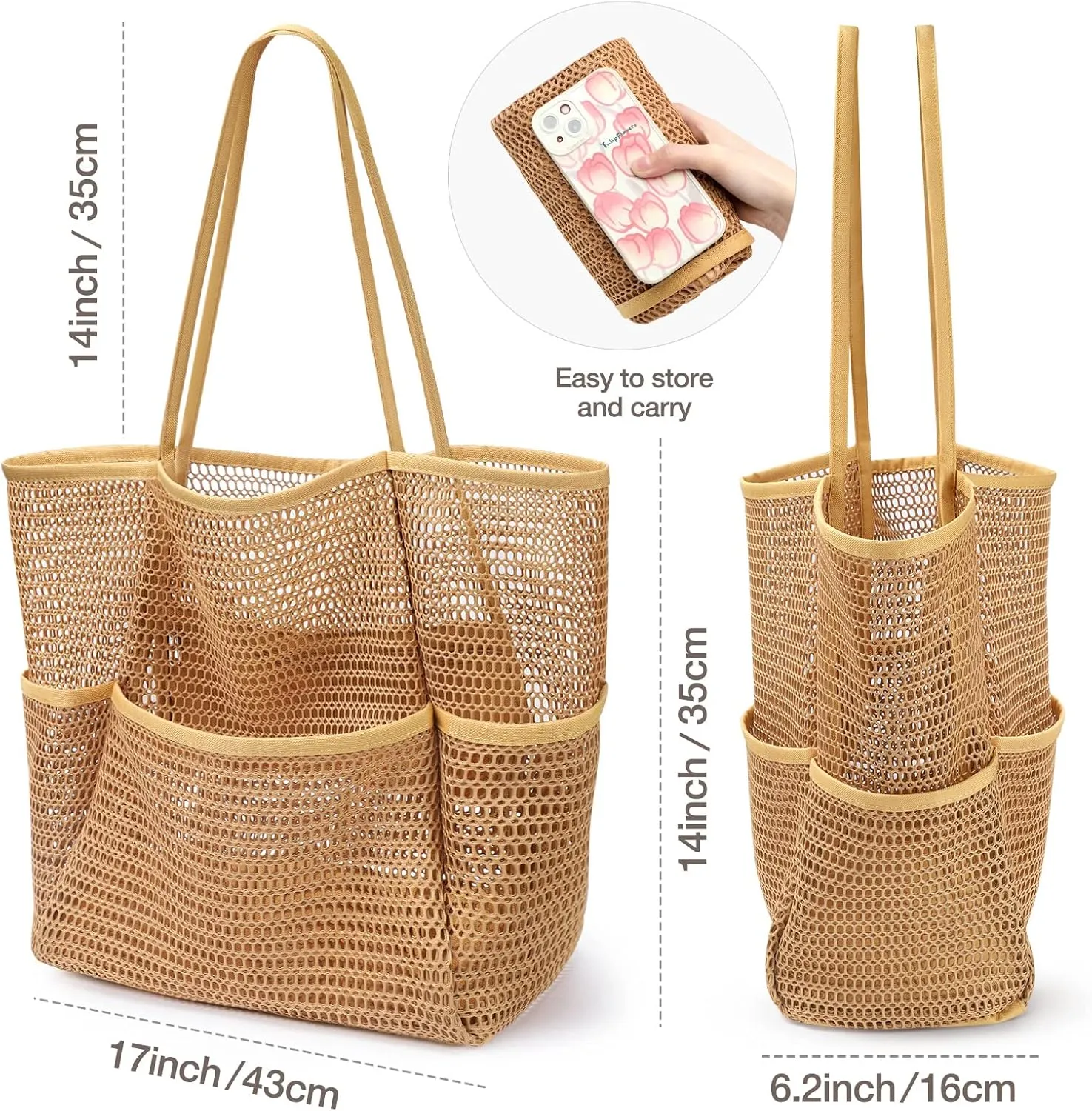 KPX Beach Bag with Mini Pocket, Beach Tote Bags for Women Large Foldable Mesh Swimming Pool Travel Bags - Sandproof