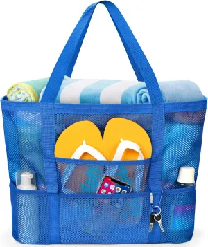 KPX Mesh Beach Bag, Large Beach Tote Bags for Women Foldable Mesh Swimming Pool Bag with Mini Pockets - Sandproof, Waterproof