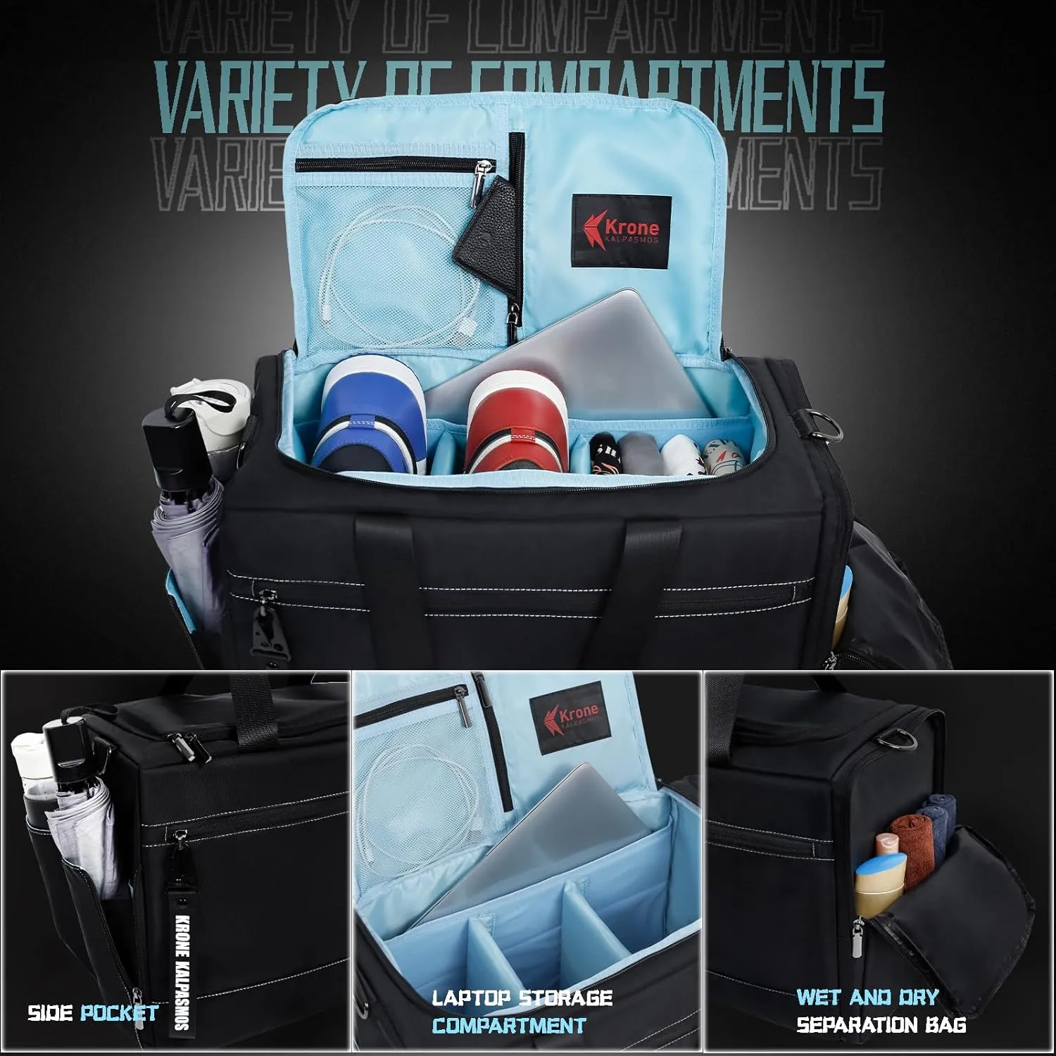 Krone Kalpasmos Sneaker Bag for Travel/Sneakerhead gift/Outdoor Sports Bag, Medium-Size Multi-functional Travel Duffel Bag with 2 Adjustable Dividers, & Shoulder Strap, Made of Nylon Light Blue