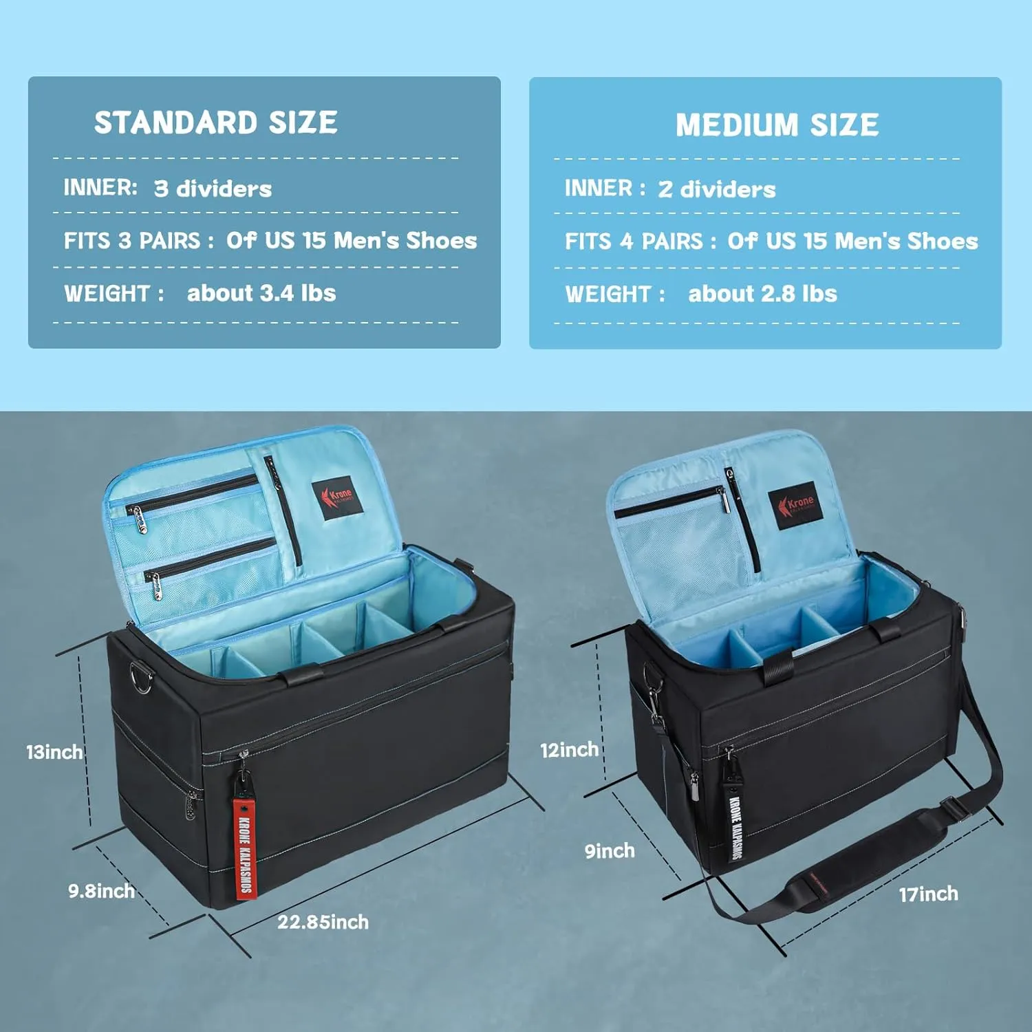 Krone Kalpasmos Sneaker Bag for Travel/Sneakerhead gift/Outdoor Sports Bag, Medium-Size Multi-functional Travel Duffel Bag with 2 Adjustable Dividers, & Shoulder Strap, Made of Nylon Light Blue