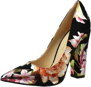 LA Dafne Black Floral Print Pointed Thick High Heel Fashion Pumps