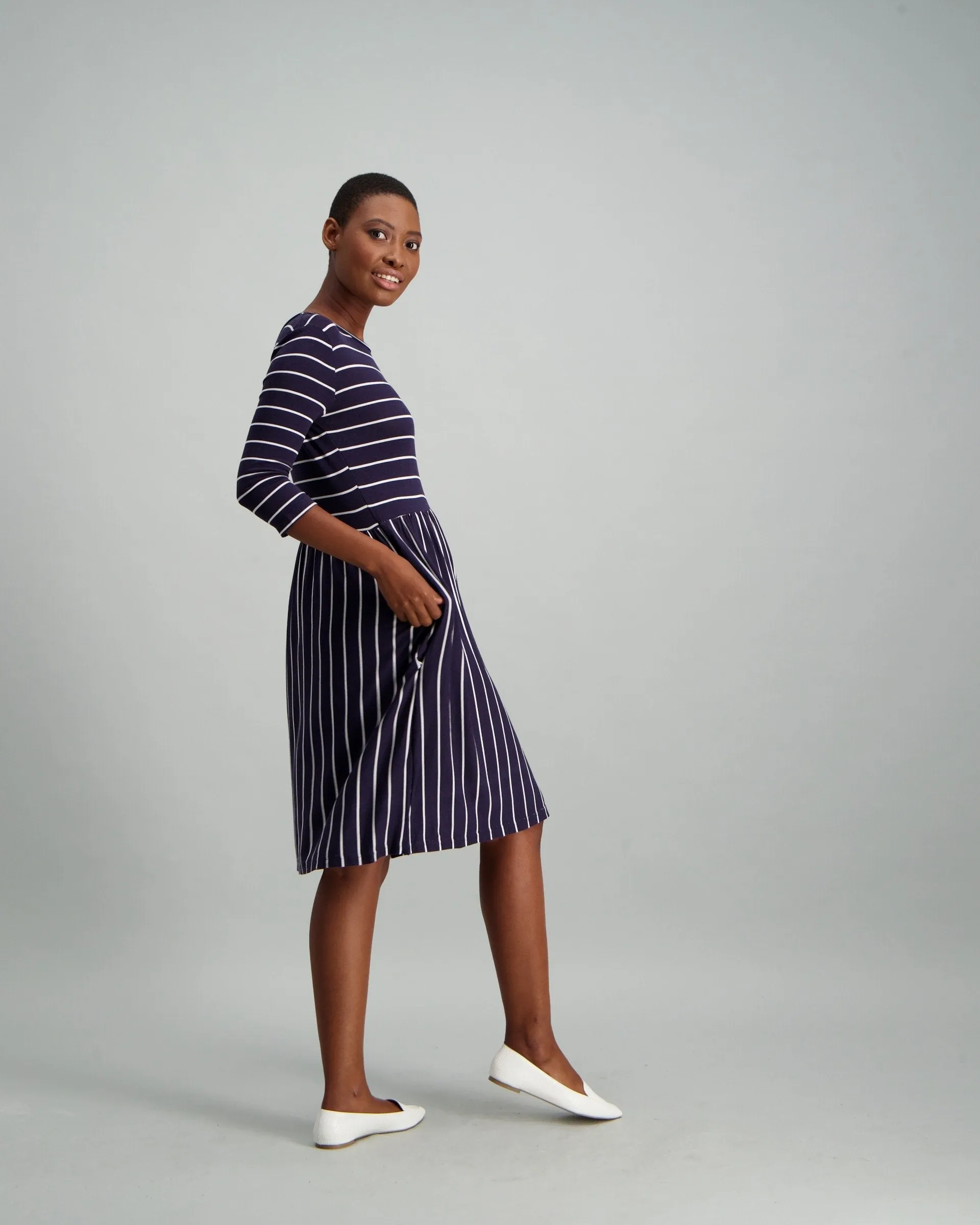 Ladies Long Sleeve Stripe A-Line Dress - Navy/White
