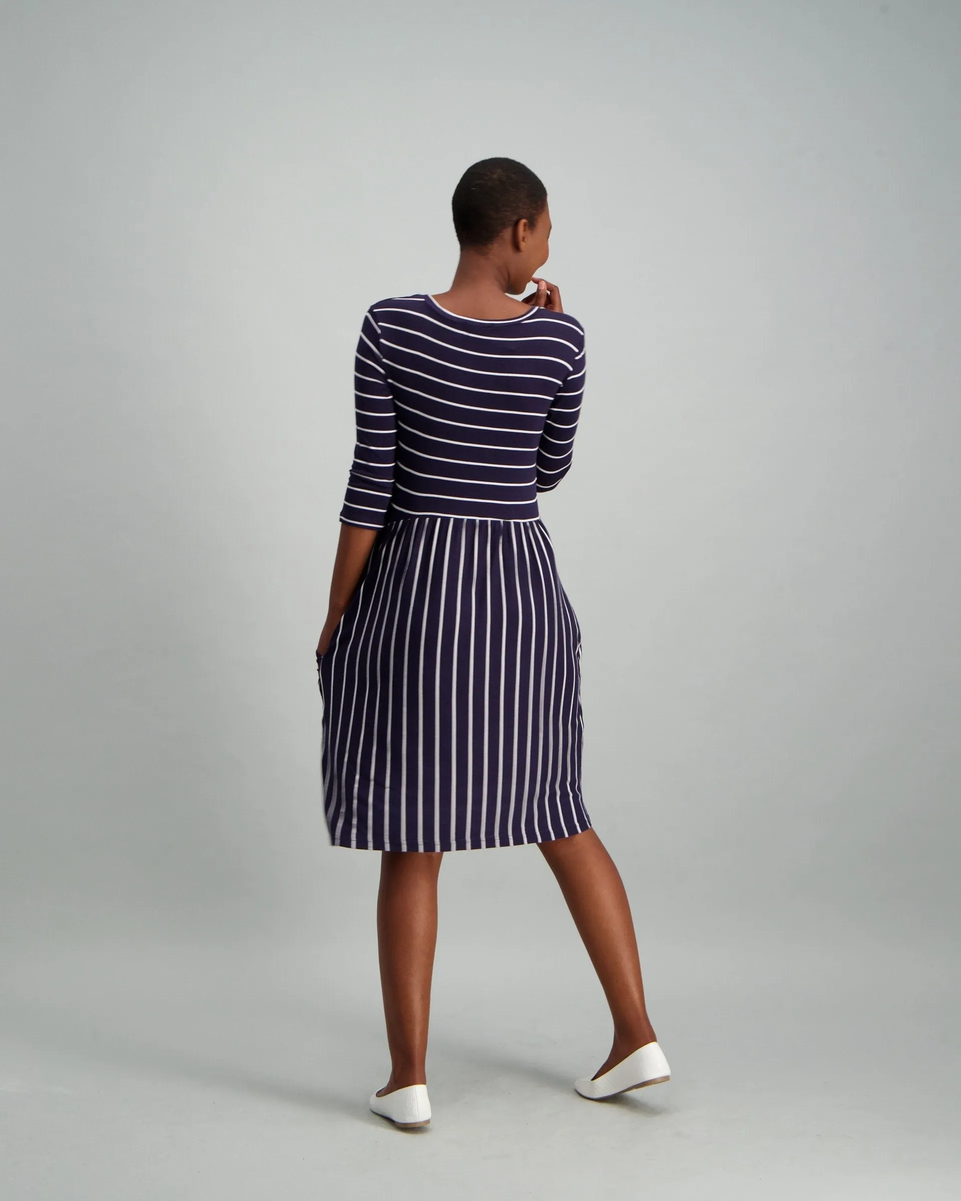 Ladies Long Sleeve Stripe A-Line Dress - Navy/White
