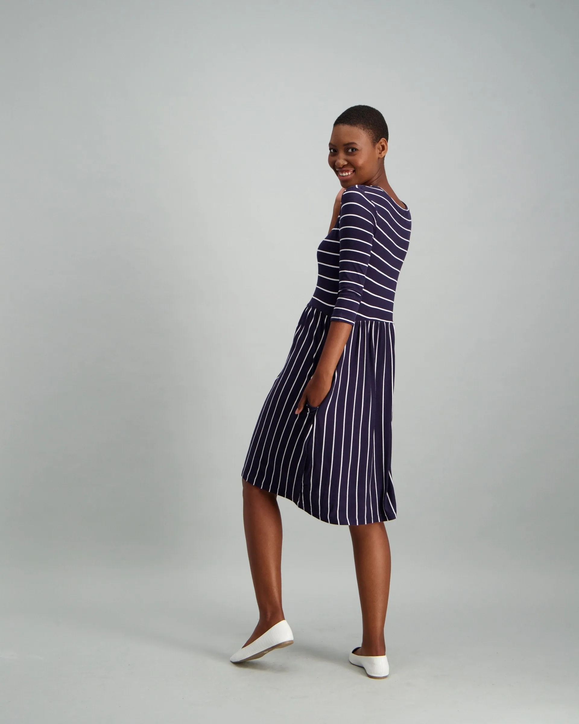 Ladies Long Sleeve Stripe A-Line Dress - Navy/White