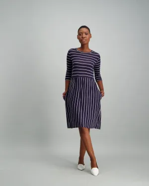 Ladies Long Sleeve Stripe A-Line Dress - Navy/White