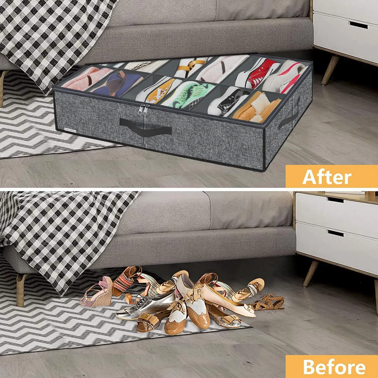 Large Shoe Organizer Under Bed Set of 2 (Fit 12 12 Pairs), Sturdy Underbed Shoe Storage Box Bin with Strong Zippers & Reinforced Handles, Organizador De Zapatos, Light Grey, ZMGCUBSB2P