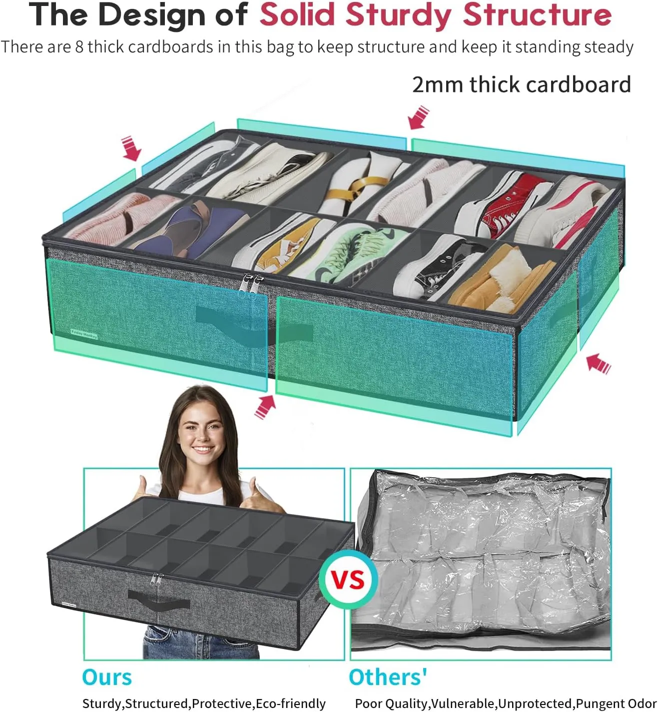 Large Shoe Organizer Under Bed Set of 2 (Fit 12 12 Pairs), Sturdy Underbed Shoe Storage Box Bin with Strong Zippers & Reinforced Handles, Organizador De Zapatos, Light Grey, ZMGCUBSB2P