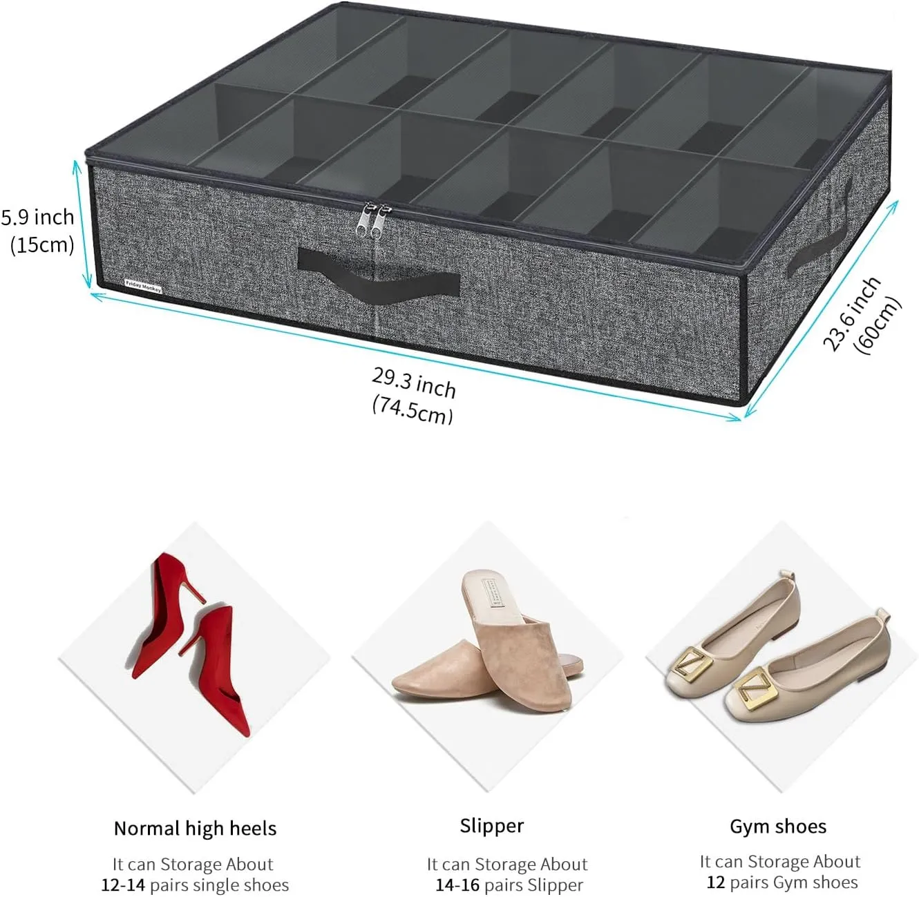 Large Shoe Organizer Under Bed Set of 2 (Fit 12 12 Pairs), Sturdy Underbed Shoe Storage Box Bin with Strong Zippers & Reinforced Handles, Organizador De Zapatos, Light Grey, ZMGCUBSB2P