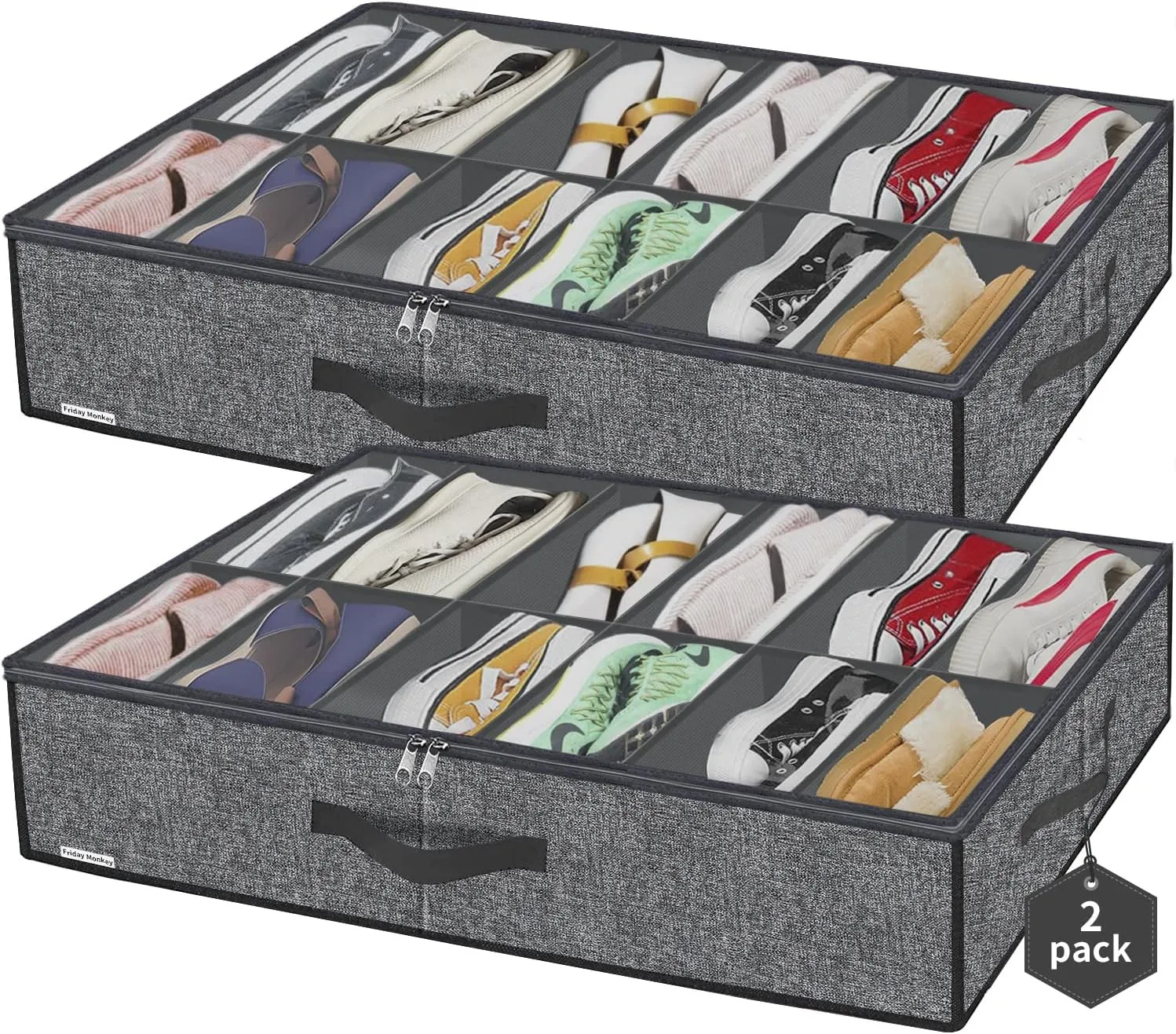 Large Shoe Organizer Under Bed Set of 2 (Fit 12 12 Pairs), Sturdy Underbed Shoe Storage Box Bin with Strong Zippers & Reinforced Handles, Organizador De Zapatos, Light Grey, ZMGCUBSB2P