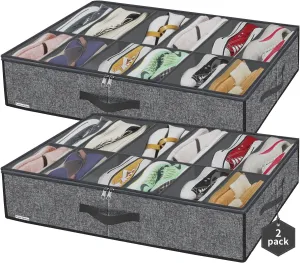 Large Shoe Organizer Under Bed Set of 2 (Fit 12 12 Pairs), Sturdy Underbed Shoe Storage Box Bin with Strong Zippers & Reinforced Handles, Organizador De Zapatos, Light Grey, ZMGCUBSB2P