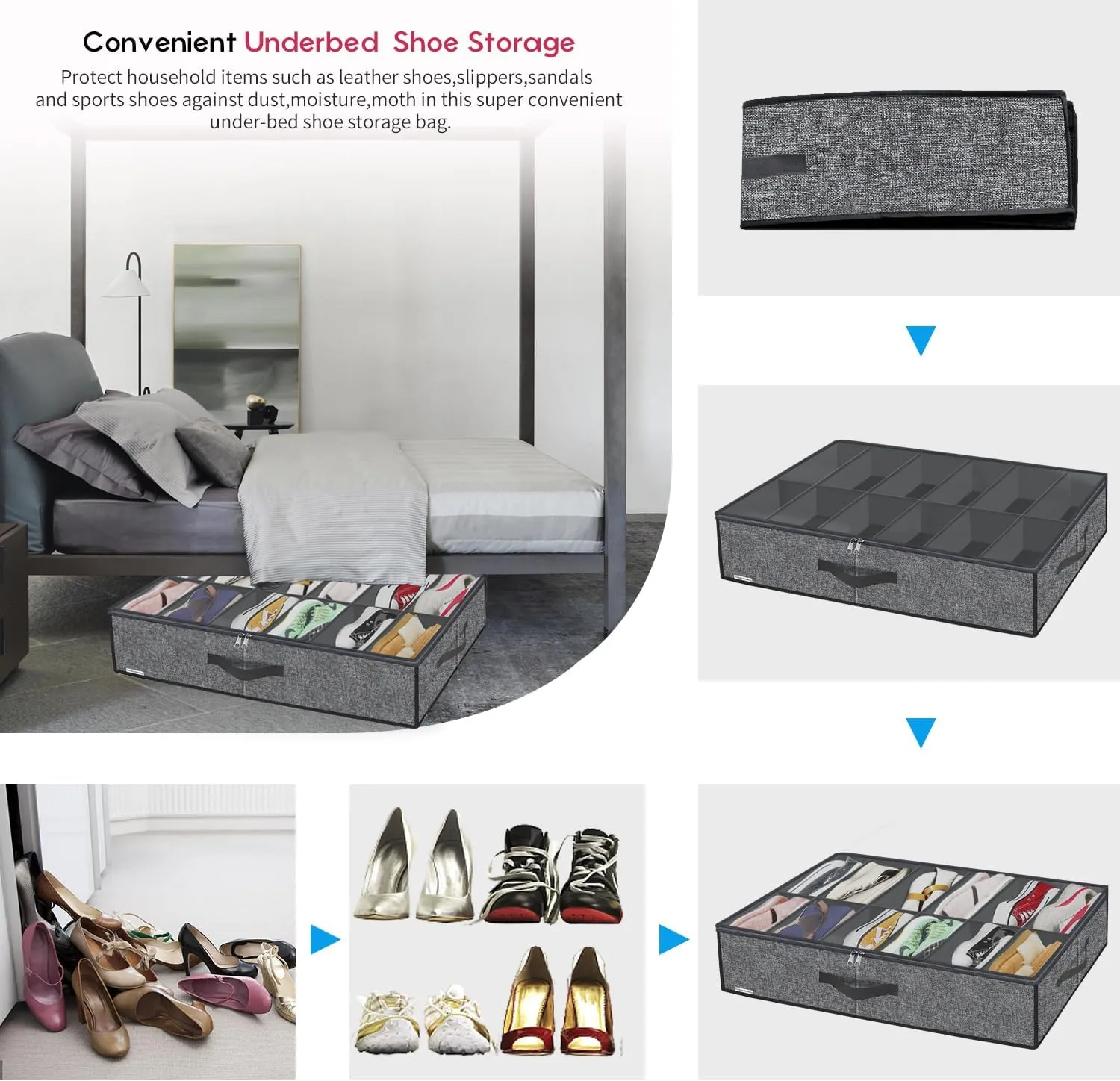 Large Shoe Organizer Under Bed Set of 2 (Fit 12 12 Pairs), Sturdy Underbed Shoe Storage Box Bin with Strong Zippers & Reinforced Handles, Organizador De Zapatos, Light Grey, ZMGCUBSB2P