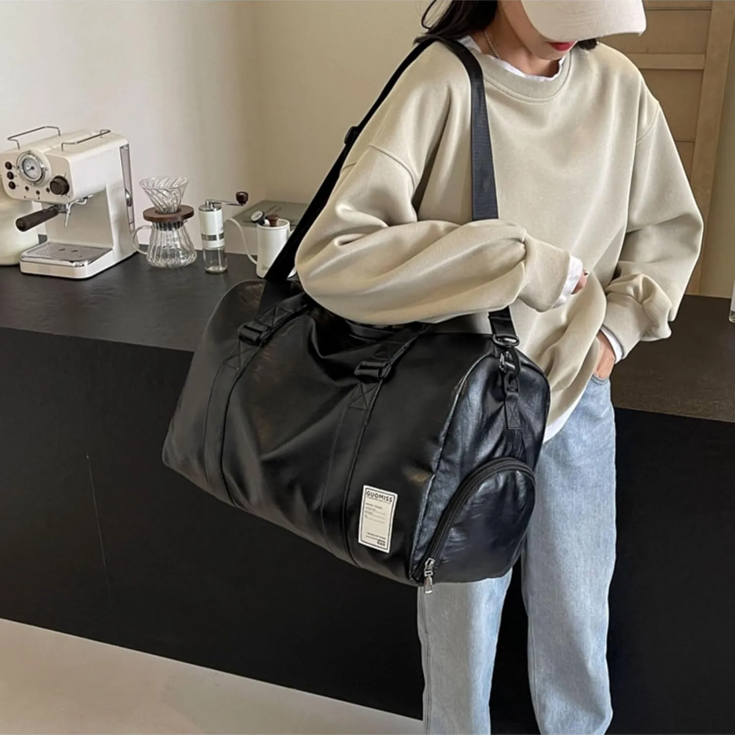 Leather Travel Duffel Bag with Separate Shoe Storage, Large Capacity Sports Gym Bag for Travel and Fitness (Black)