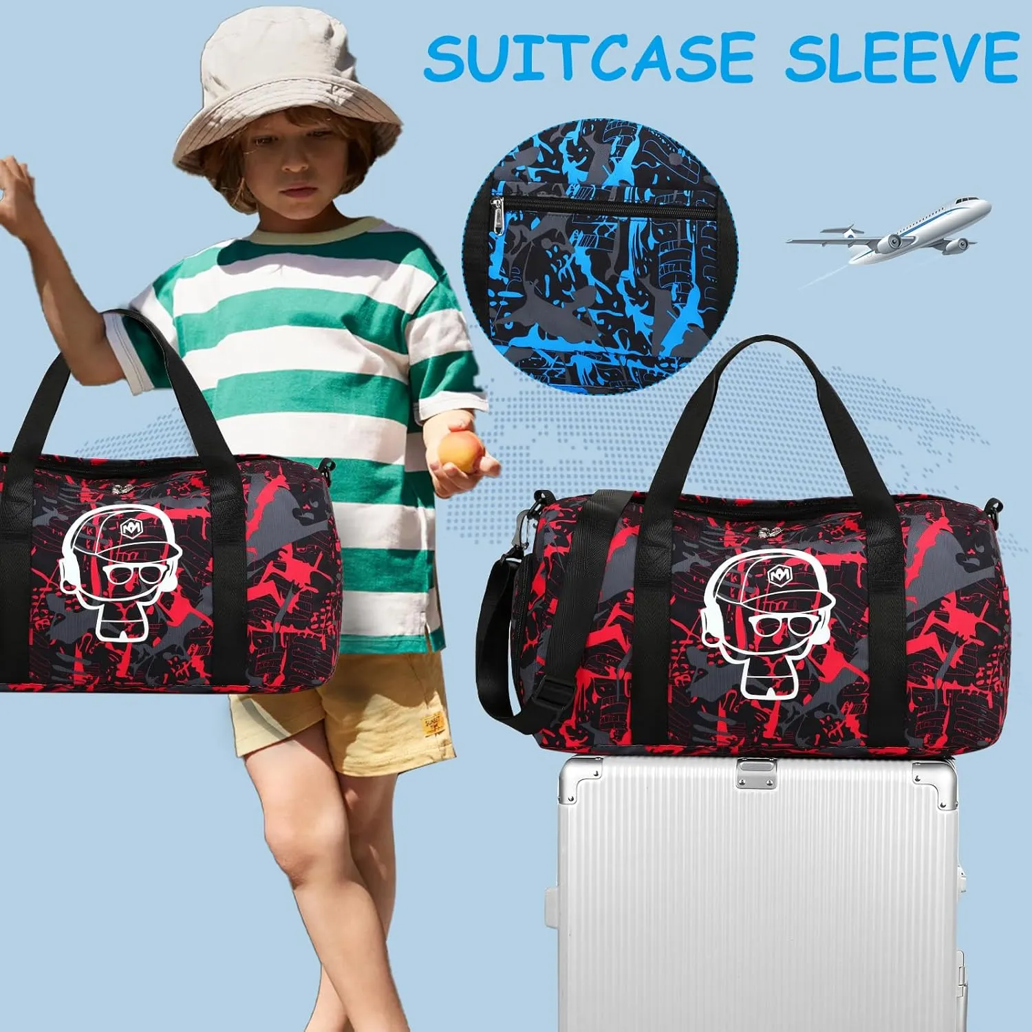 LEDAOU Kids Duffle Bag Boys Overnighter Travel Sport Gym Bag Weekender Carry On Shoulder Bag with Shoe Compartment & Wet Pocket, Graffiti Red