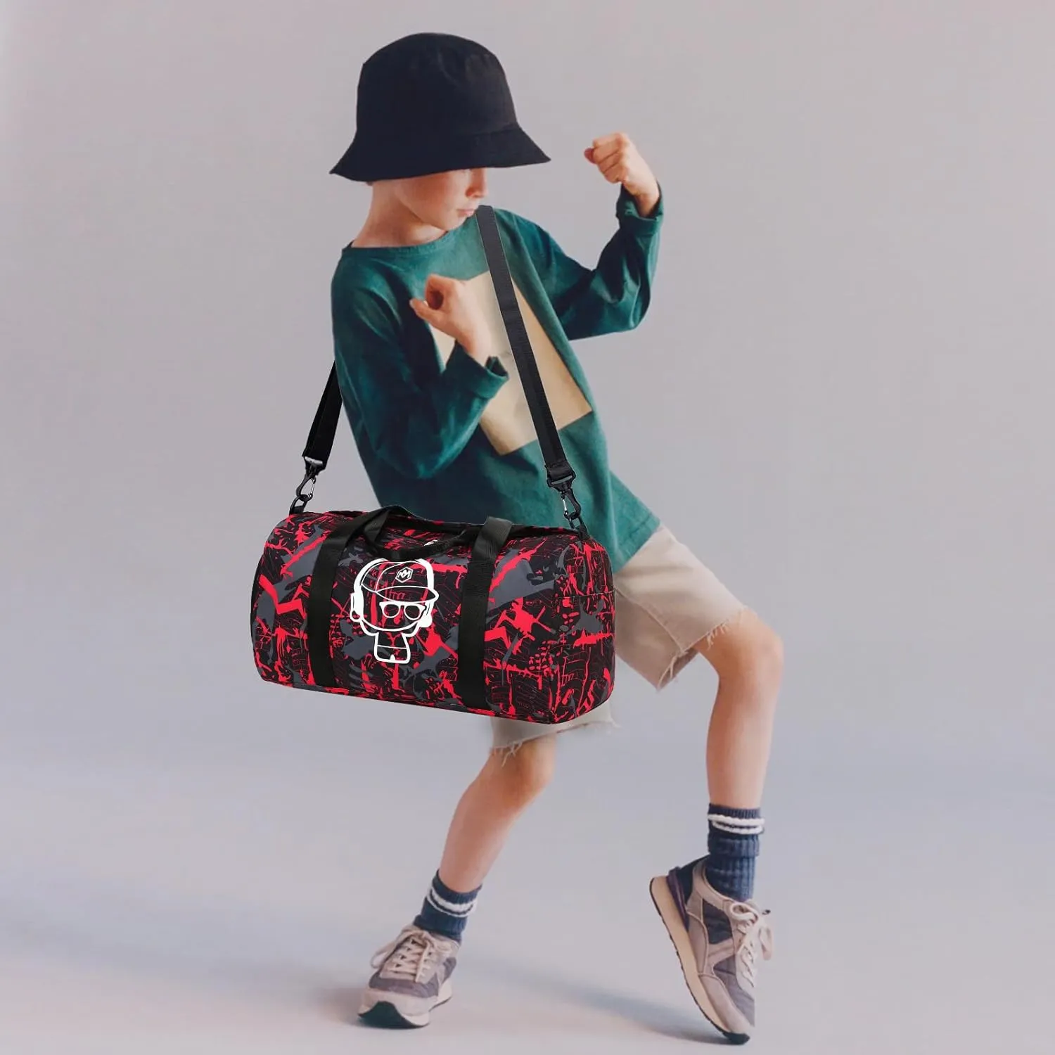 LEDAOU Kids Duffle Bag Boys Overnighter Travel Sport Gym Bag Weekender Carry On Shoulder Bag with Shoe Compartment & Wet Pocket, Graffiti Red