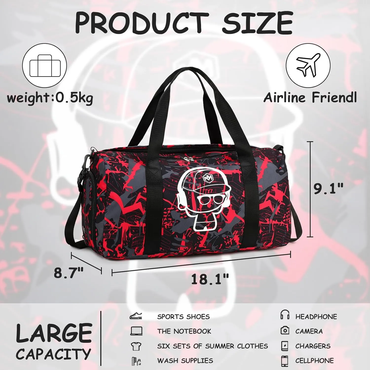 LEDAOU Kids Duffle Bag Boys Overnighter Travel Sport Gym Bag Weekender Carry On Shoulder Bag with Shoe Compartment & Wet Pocket, Graffiti Red