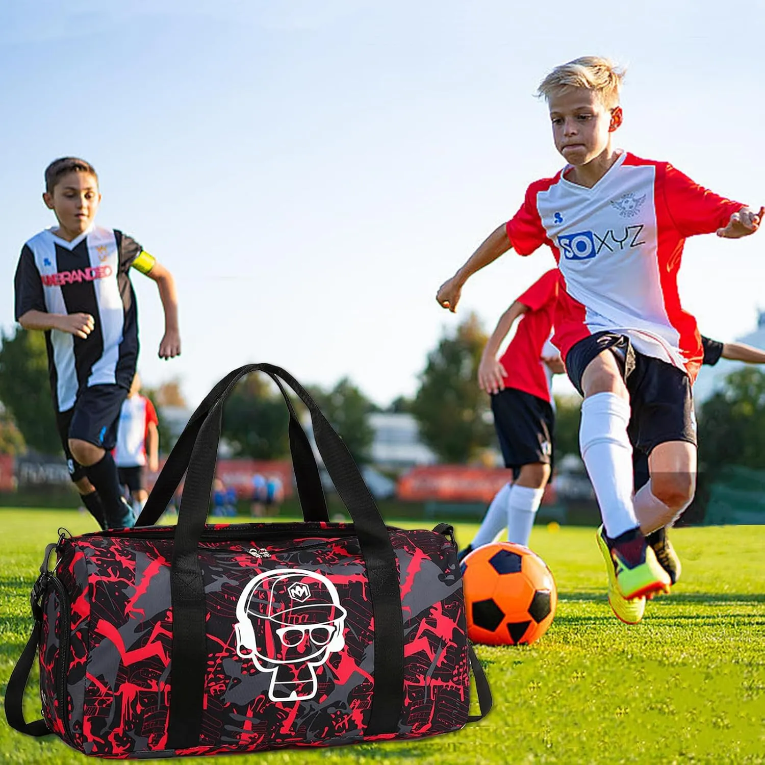 LEDAOU Kids Duffle Bag Boys Overnighter Travel Sport Gym Bag Weekender Carry On Shoulder Bag with Shoe Compartment & Wet Pocket, Graffiti Red
