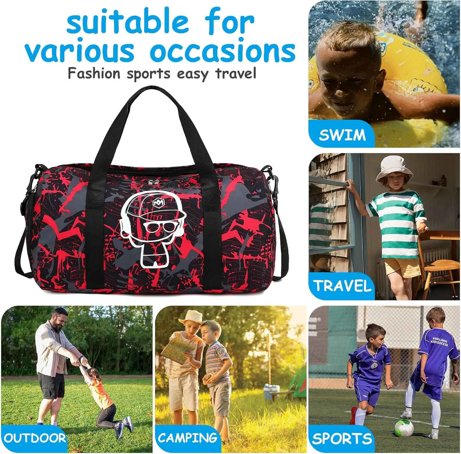 LEDAOU Kids Duffle Bag Boys Overnighter Travel Sport Gym Bag Weekender Carry On Shoulder Bag with Shoe Compartment & Wet Pocket, Graffiti Red