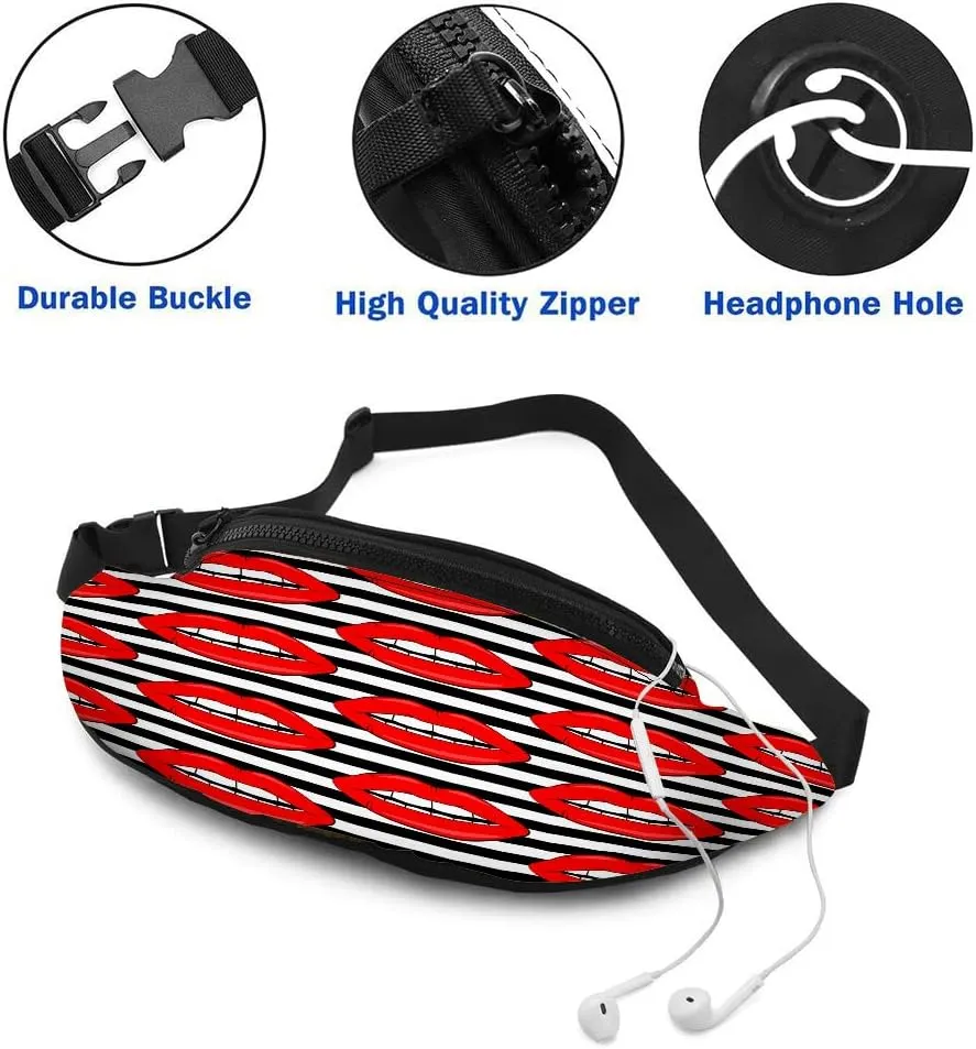 Leisure Sports Crossbody Fanny Pack Waist Bag For Women Men Red Sexy Lip Desire Glamour Line Teeth Wallets Belt Bag With Earphone Jack Zipper Bag Phone Bag For Outdoor