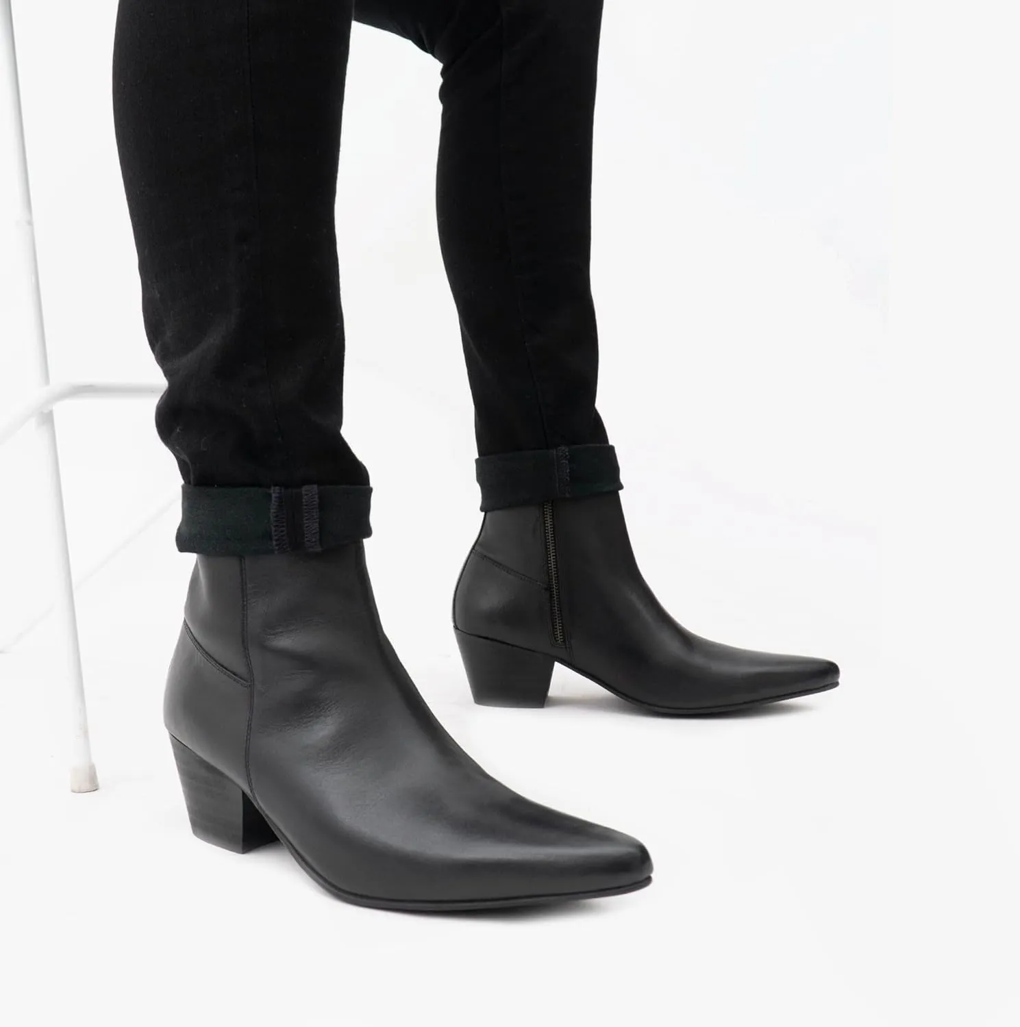 LENNON Mens Handcrafted Real Leather Winklepicker High Cuban Heel Side Zip Western Ankle Boots