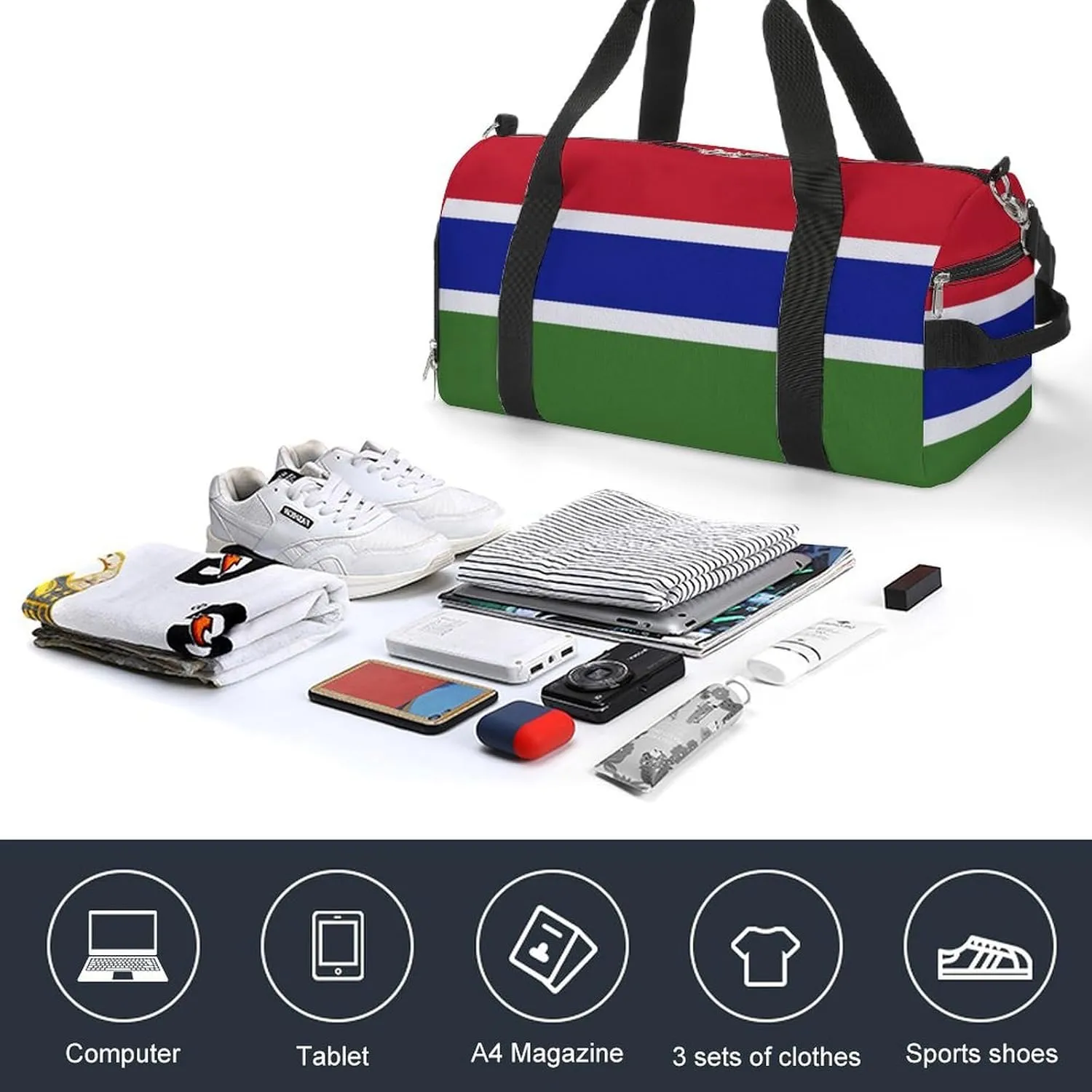 Lightweight Gambia Flag Duffel Bag for Boys Girls with Shoe Compartment