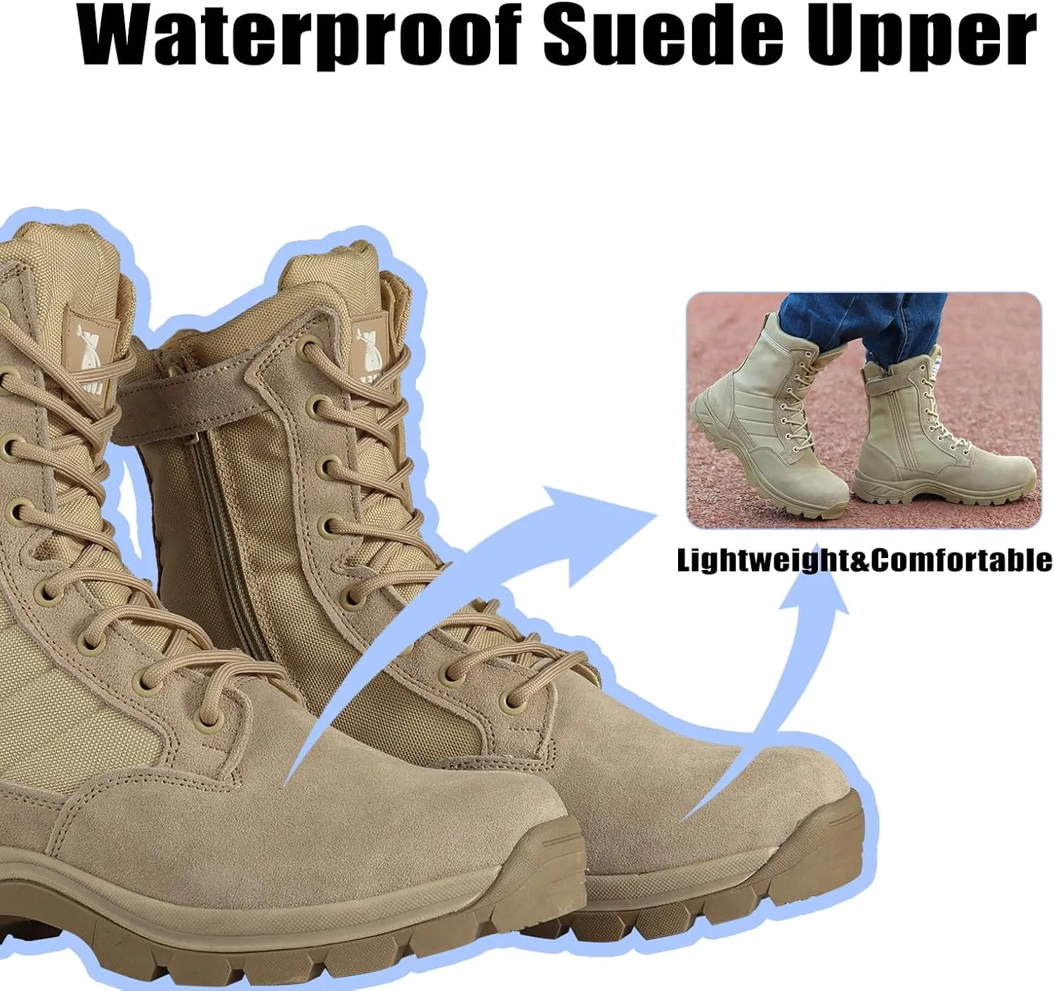 Lightweight Military Tactical Boots for Men Durable YKK Side Zipper Police Army Combat Jungle Breathable Comfortable Duty Boots