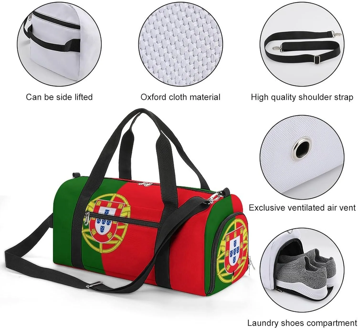 Lightweight Portugal Flag Sports Duffel Bag for Men Women Shoe Compartment