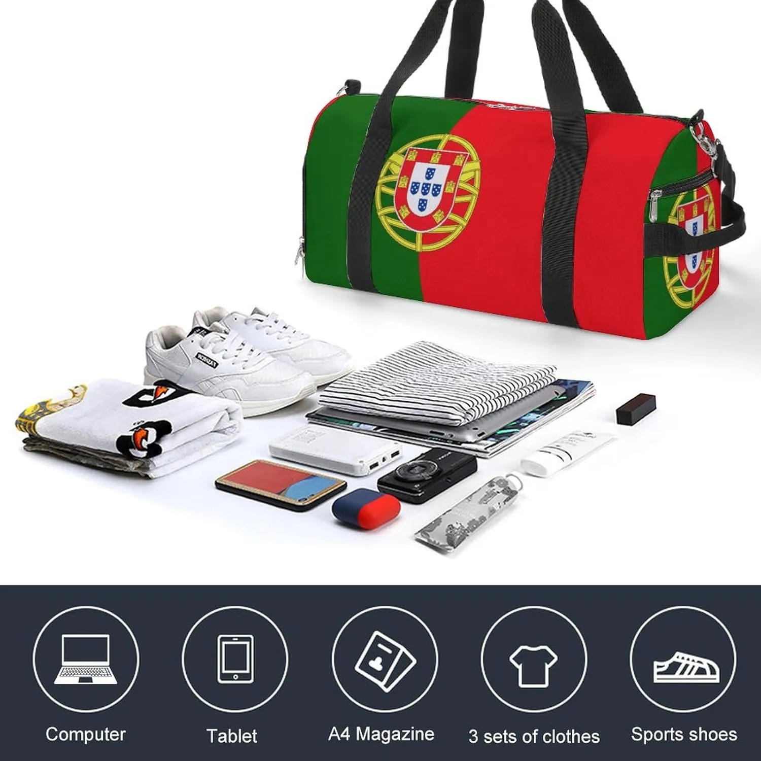 Lightweight Portugal Flag Sports Duffel Bag for Men Women Shoe Compartment