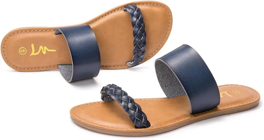 LM Women's Braided Slide Sandals Open Toe Two Band Slip On Flat Sandals Casual Summer Sandals