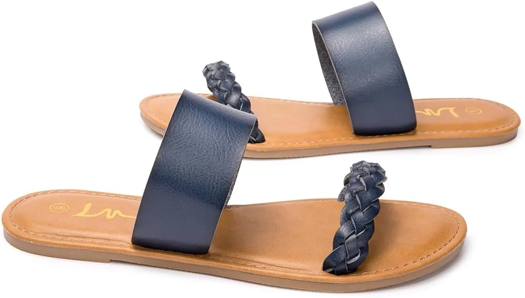LM Women's Braided Slide Sandals Open Toe Two Band Slip On Flat Sandals Casual Summer Sandals