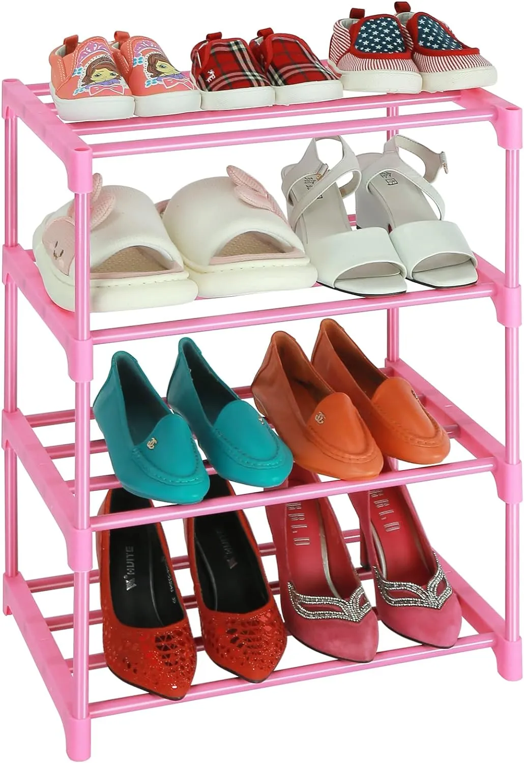 LNYZQUS Small Kids Shoe Rack, 4 Tier Pink Shoe Organizer Shoe Shelf for Closet,Stackable Narrow Shoe Stand Slim Zapateras Organizer,Cute Toddler Shoe Rack Floor for Women & Girls-Full Pink