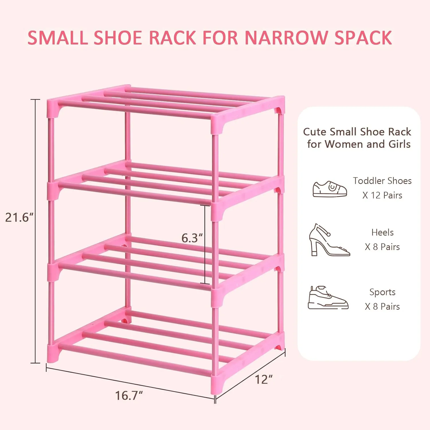 LNYZQUS Small Kids Shoe Rack, 4 Tier Pink Shoe Organizer Shoe Shelf for Closet,Stackable Narrow Shoe Stand Slim Zapateras Organizer,Cute Toddler Shoe Rack Floor for Women & Girls-Full Pink