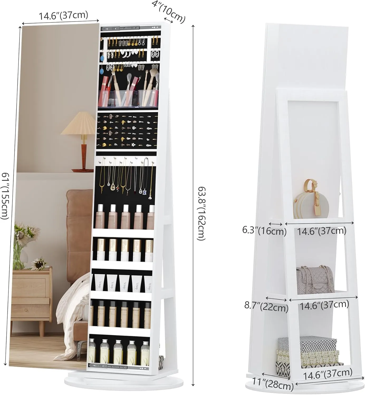 LVSOMT 360° Swivel Jewelry Armoire Cabinet, Full Length Mirror with Jewelry Storage, Standing Jewelry Armoire Organizer with Mirror, Rotatable, Large Capacity (White)