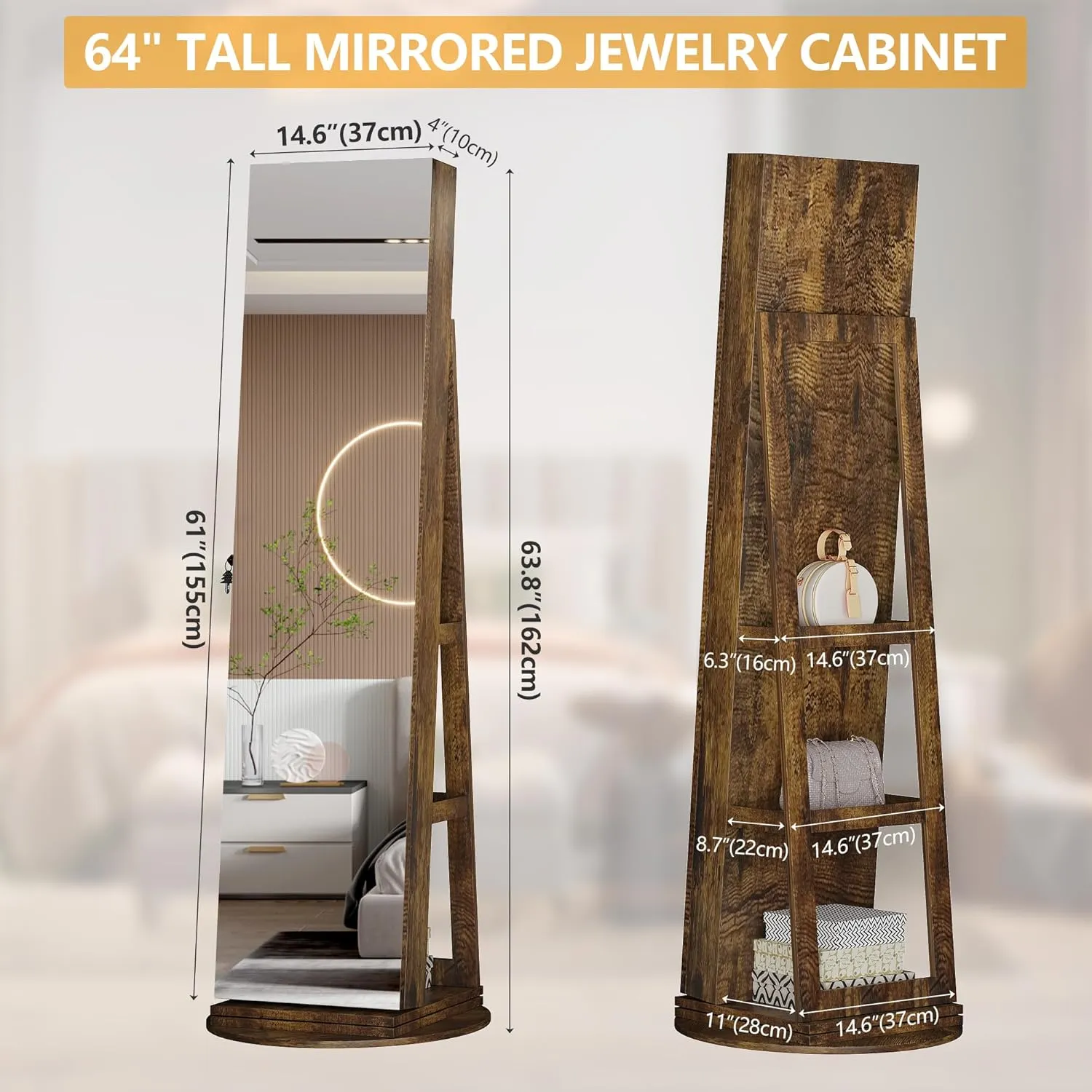 LVSOMT 360° Swivel Jewelry Cabinet with Full Length Mirror, 63" Large Capacity Jewelry Organizer Armoire, Lockable Mirror with Jewelry Storage, Floor Standing Mirror, Storage Shelves (Retro Brown)