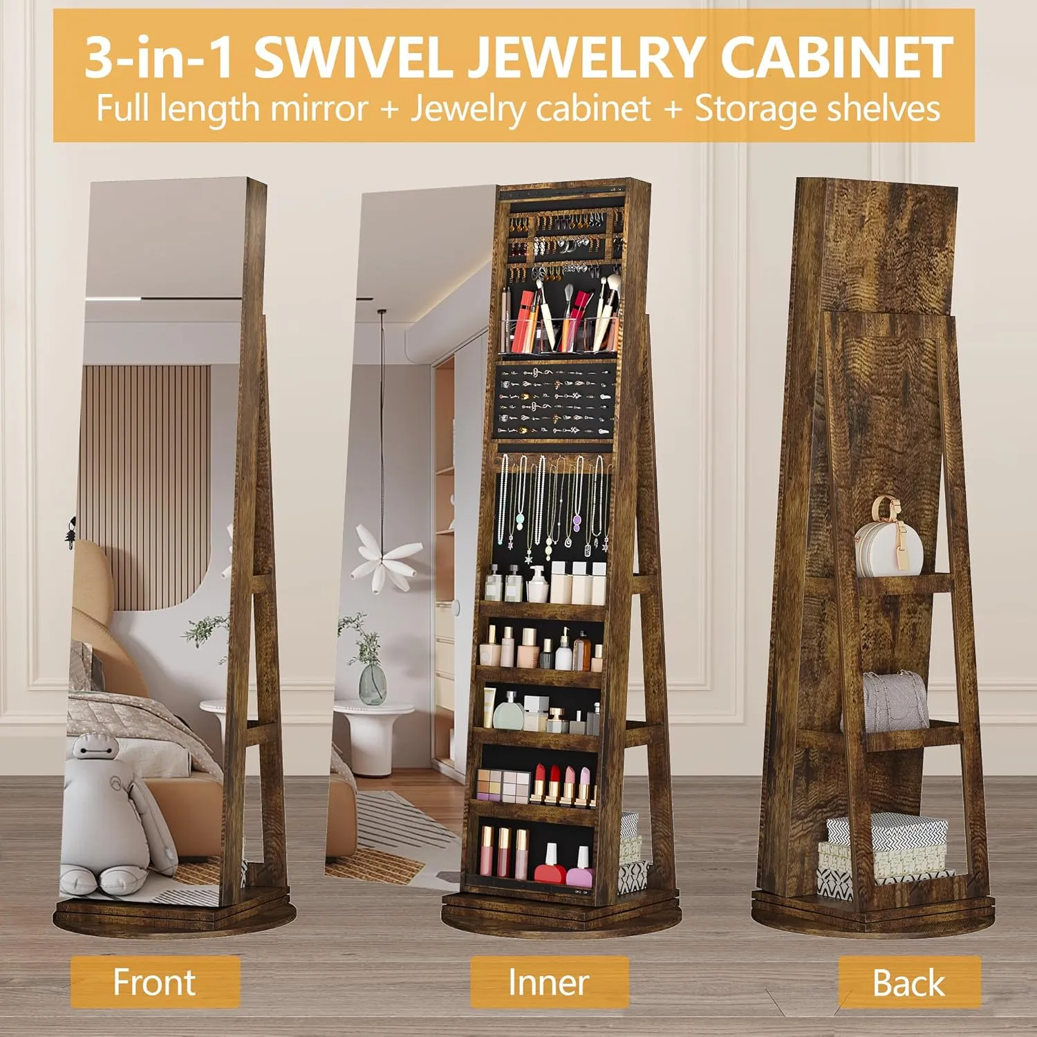 LVSOMT 360° Swivel Jewelry Cabinet with Full Length Mirror, 63" Large Capacity Jewelry Organizer Armoire, Lockable Mirror with Jewelry Storage, Floor Standing Mirror, Storage Shelves (Retro Brown)